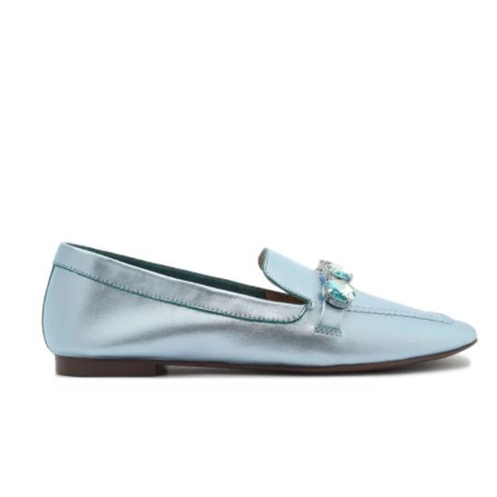 LOAFER SCHUTZ COURO METALIZADO PEDRAS AZUL - mariacanela